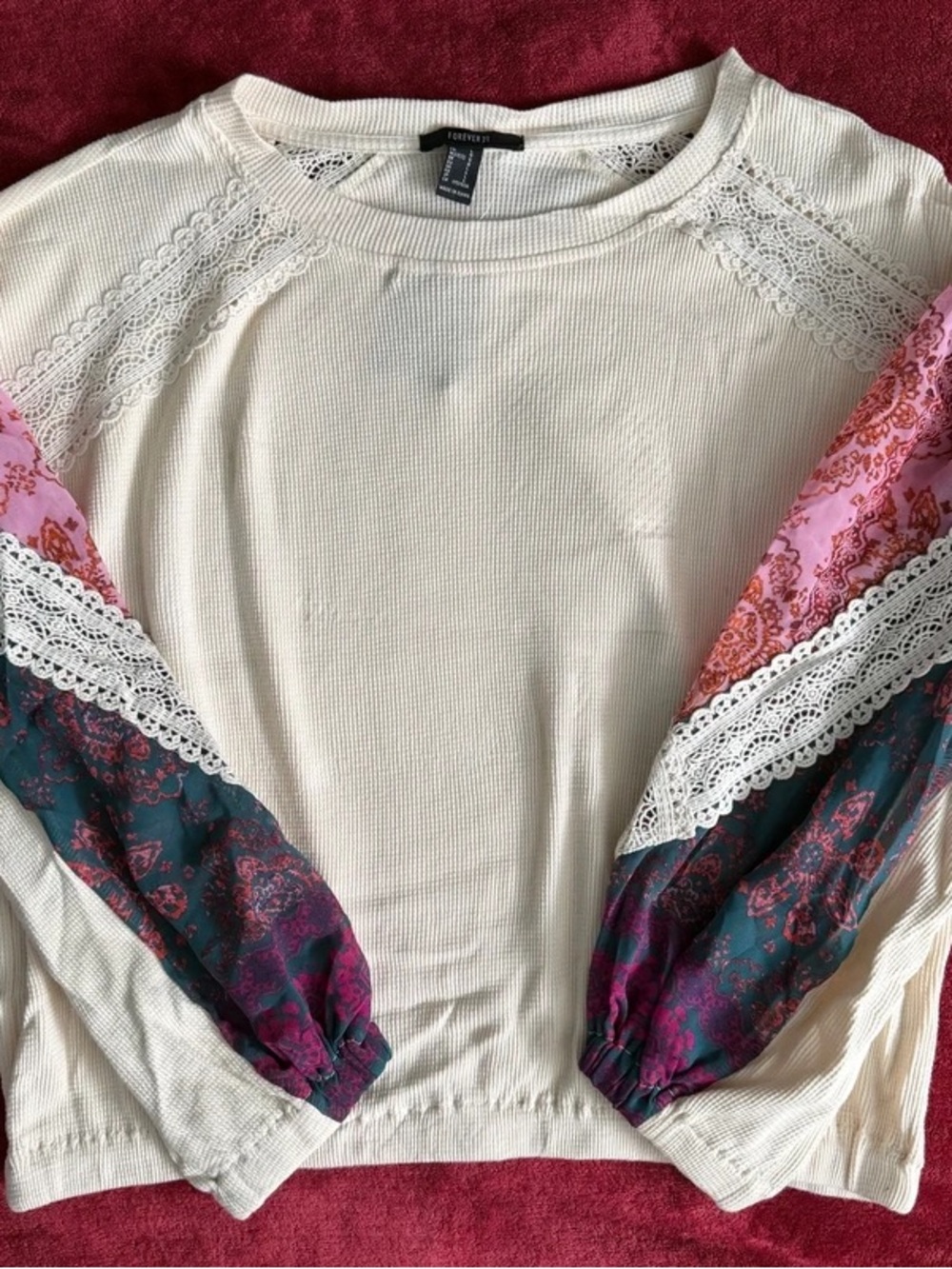 Forever 21 Cream Pullover with Pink and Teal Printed Balloon Sleeves